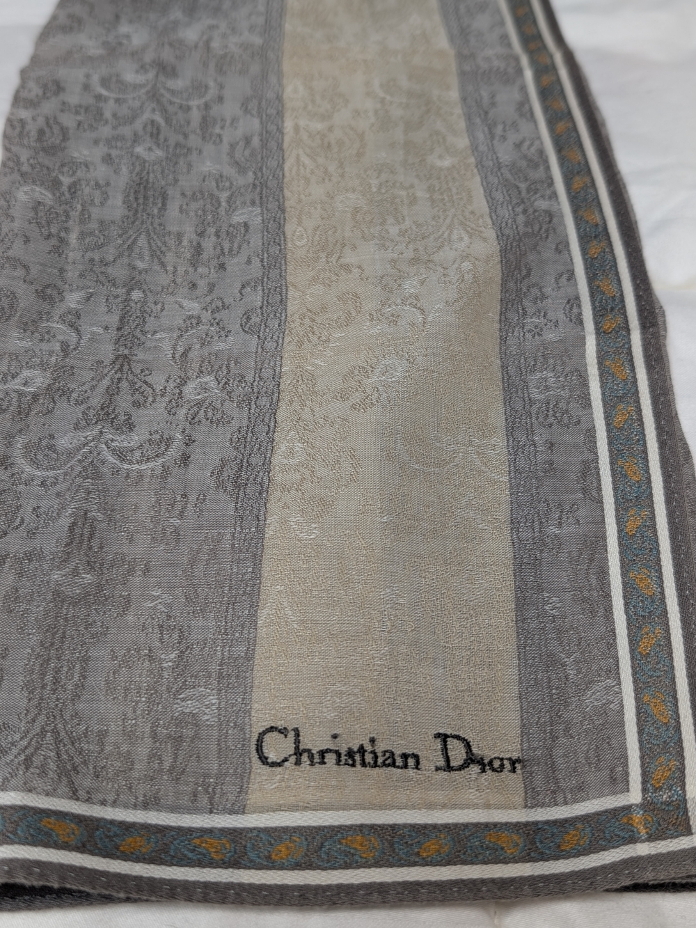 Christian Dior Scarf/Handkerchief Elegant Grey & Cream Embroidered